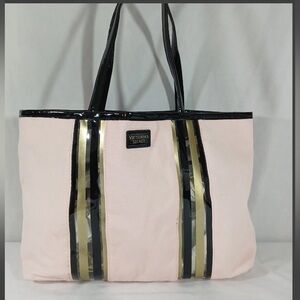 NWT Victoria’s Secret Canvas Tote, pink w/ black & gold stripe, One Size